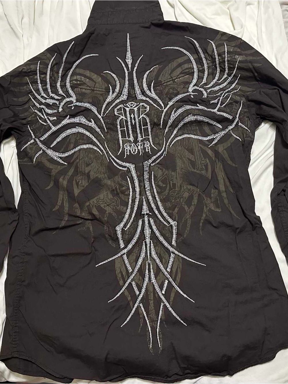 Roar Men's XL Brown/White Collared Button-Up Long Sleeve Embroidered Graphic